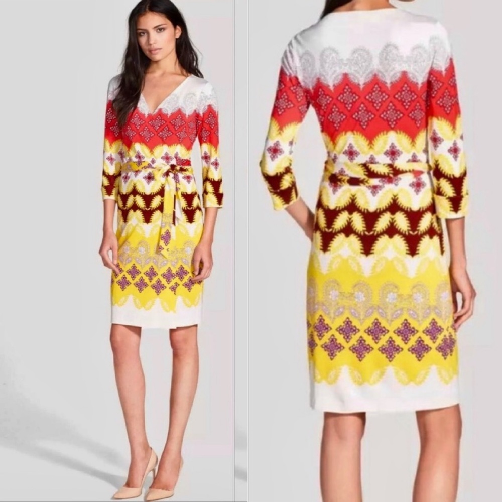DIANE VON FURSTENBERG Yellow Indian Border Bohemian Pattern Silk Jersey Dress